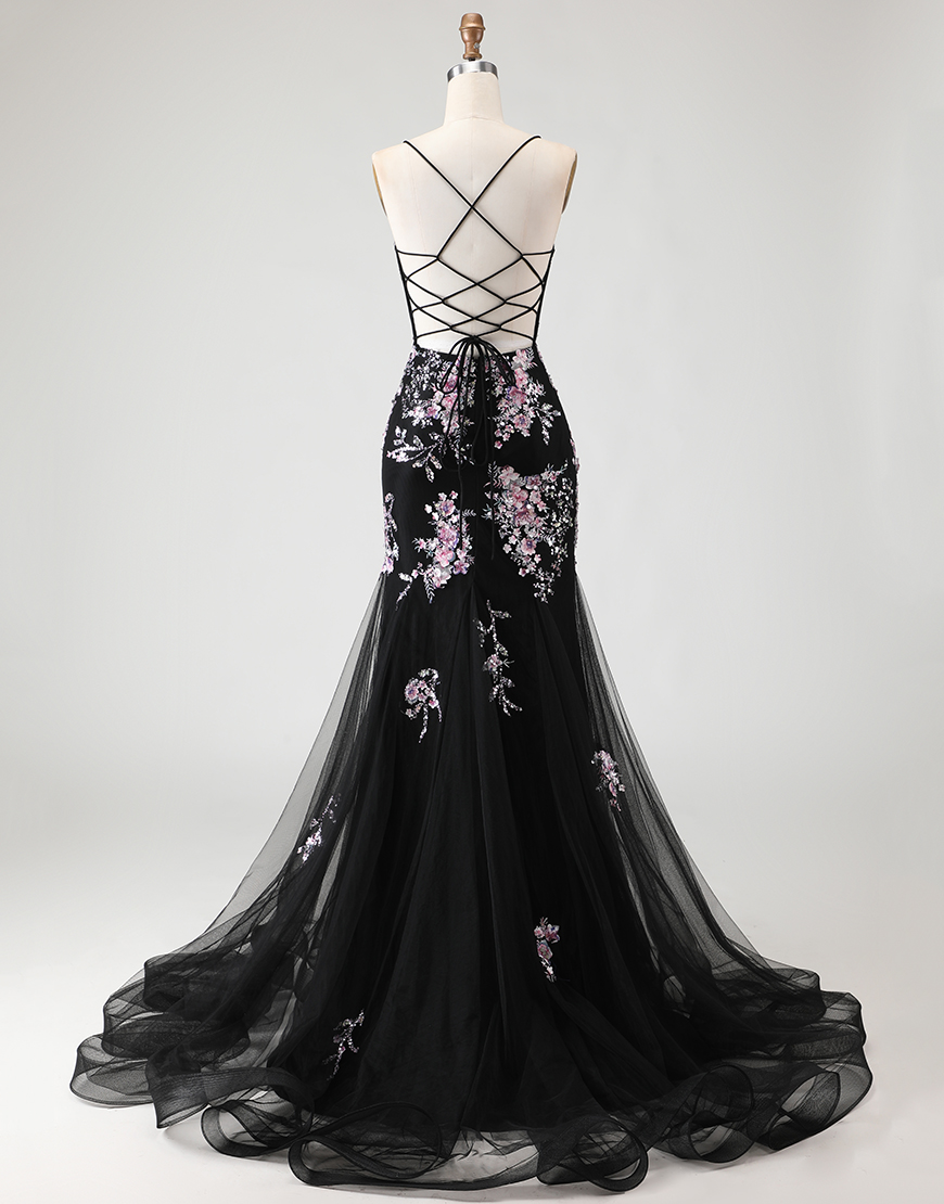 Sparkly Black and Pink Floral Beaded Mermaid Long Corset Prom Dress