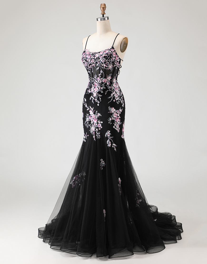 Sparkly Black and Pink Floral Beaded Mermaid Long Corset Prom Dress
