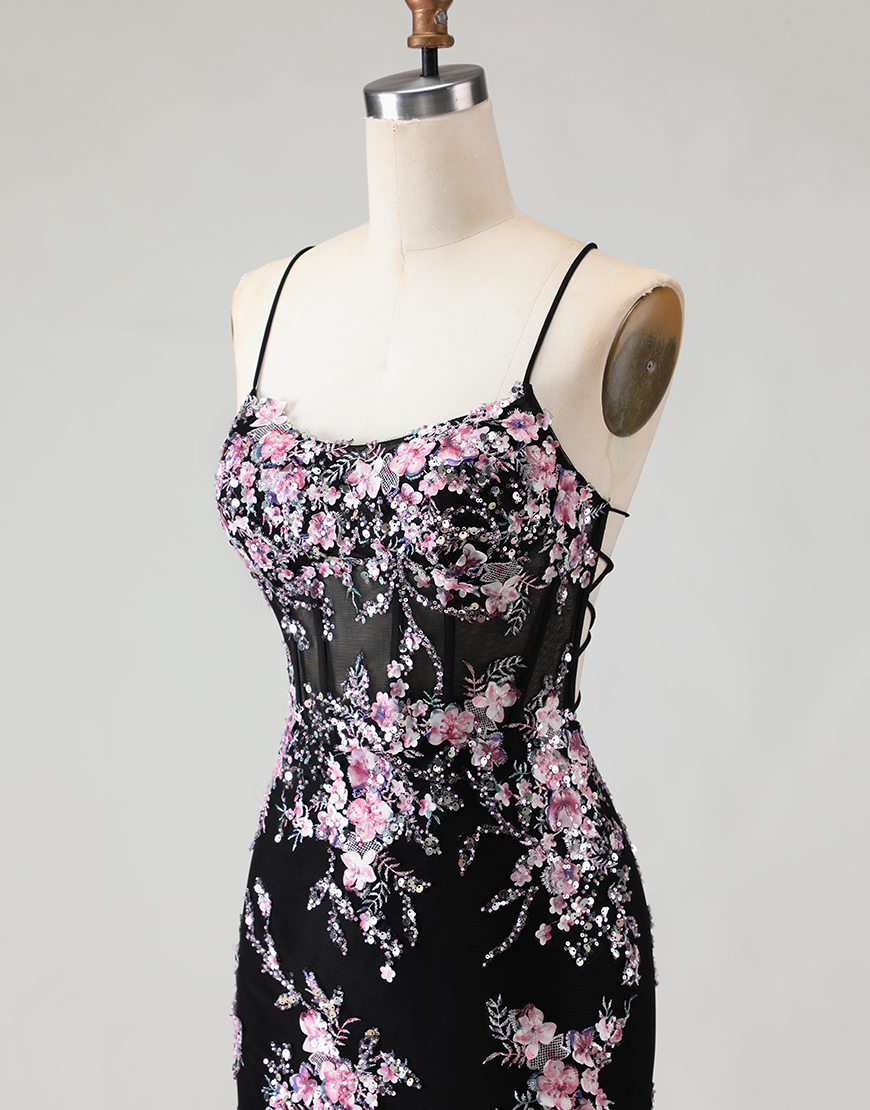 Sparkly Black and Pink Floral Beaded Mermaid Long Corset Prom Dress