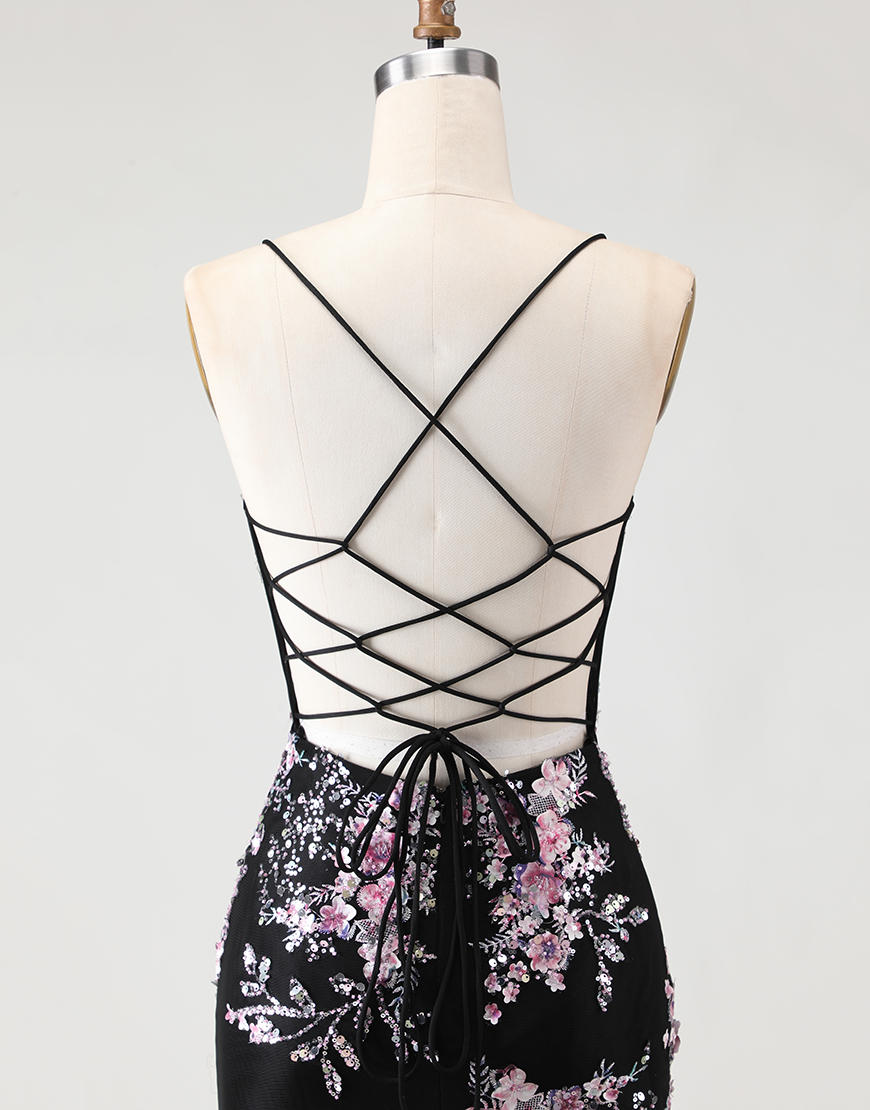 Sparkly Black and Pink Floral Beaded Mermaid Long Corset Prom Dress