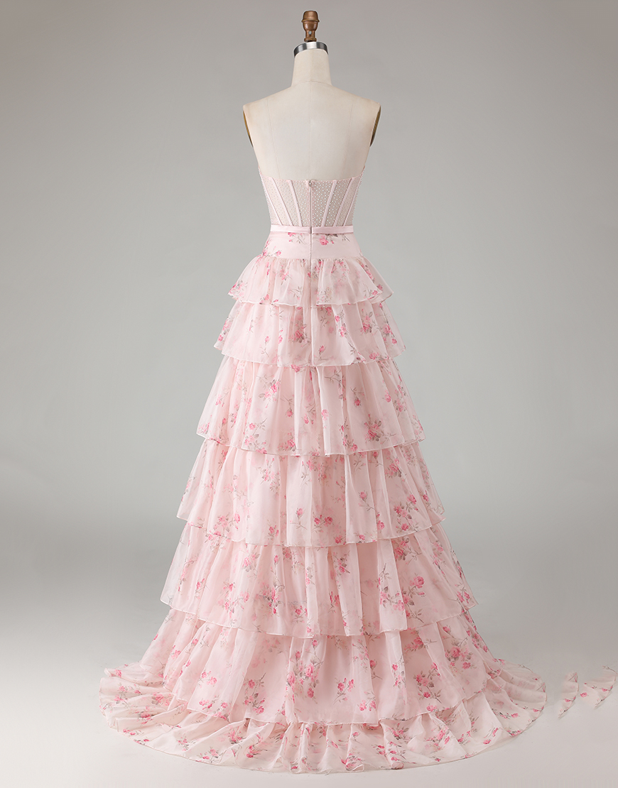 Pink and Red Floral Ruffled Corset Long Tiered Prom Dress with Bow