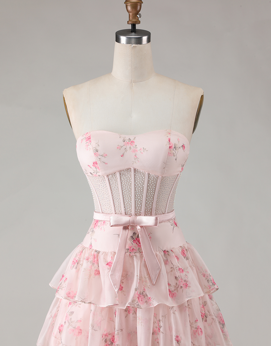 Pink and Red Floral Ruffled Corset Long Tiered Prom Dress with Bow