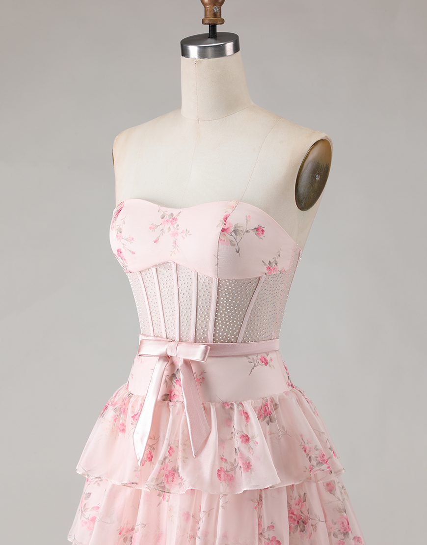 Pink and Red Floral Ruffled Corset Long Tiered Prom Dress with Bow