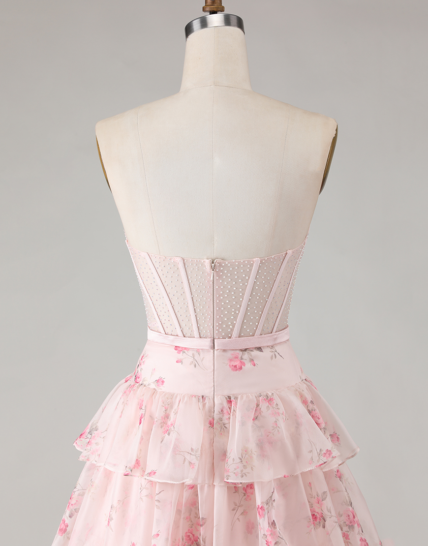 Pink and Red Floral Ruffled Corset Long Tiered Prom Dress with Bow