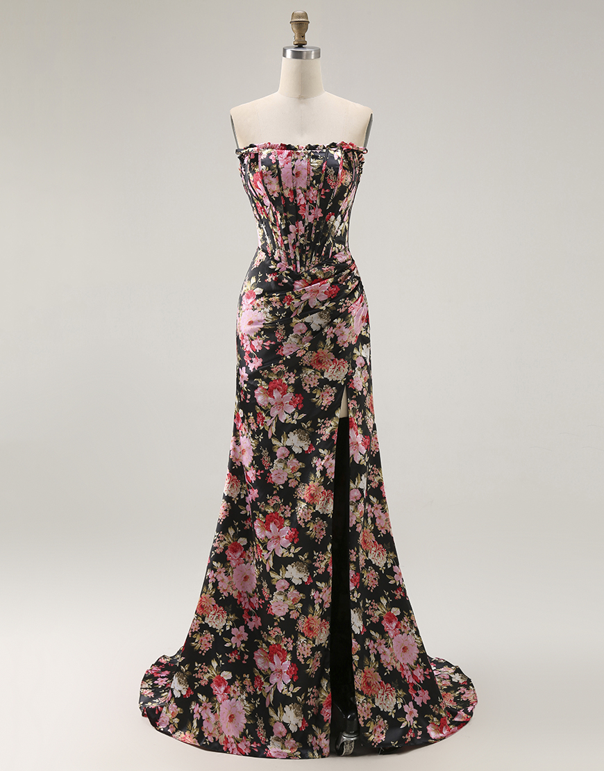Black Pink Flower Mermaid Long Corset Prom Dress with Slit