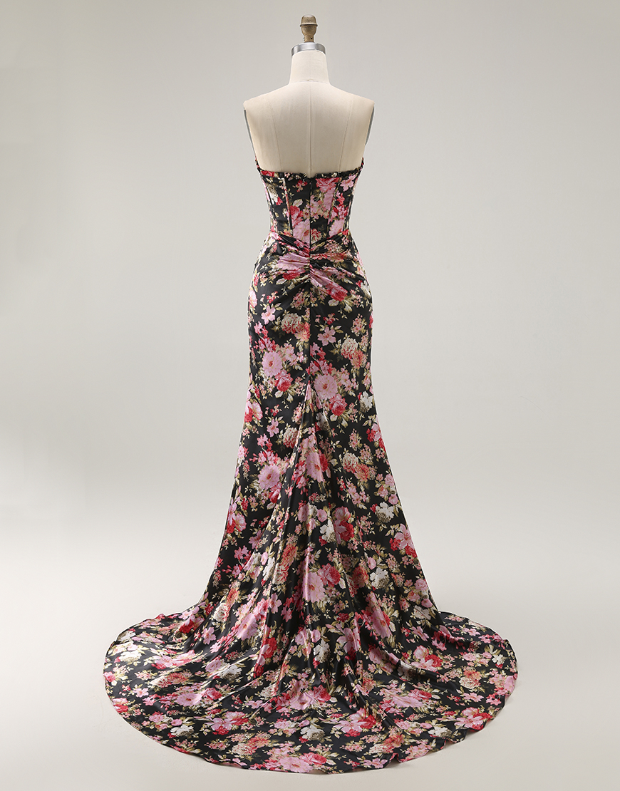 Black Pink Flower Mermaid Long Corset Prom Dress with Slit