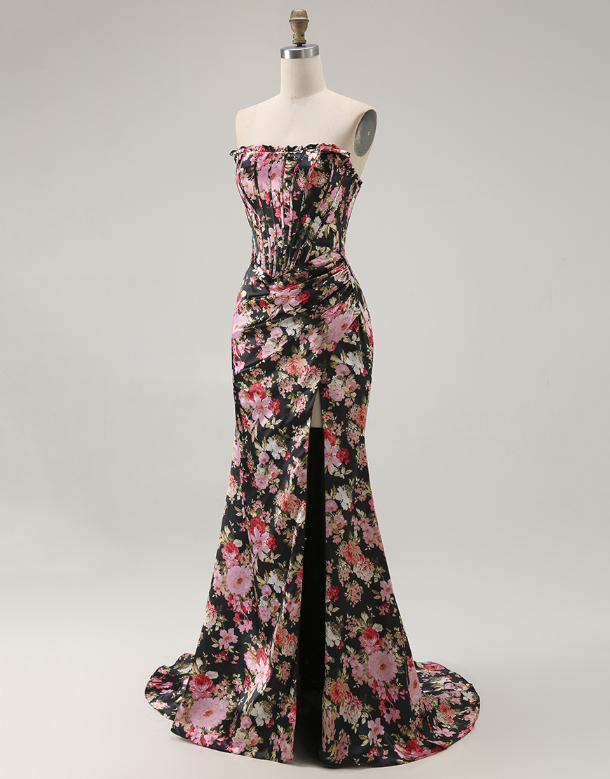 Black Pink Flower Mermaid Long Corset Prom Dress with Slit