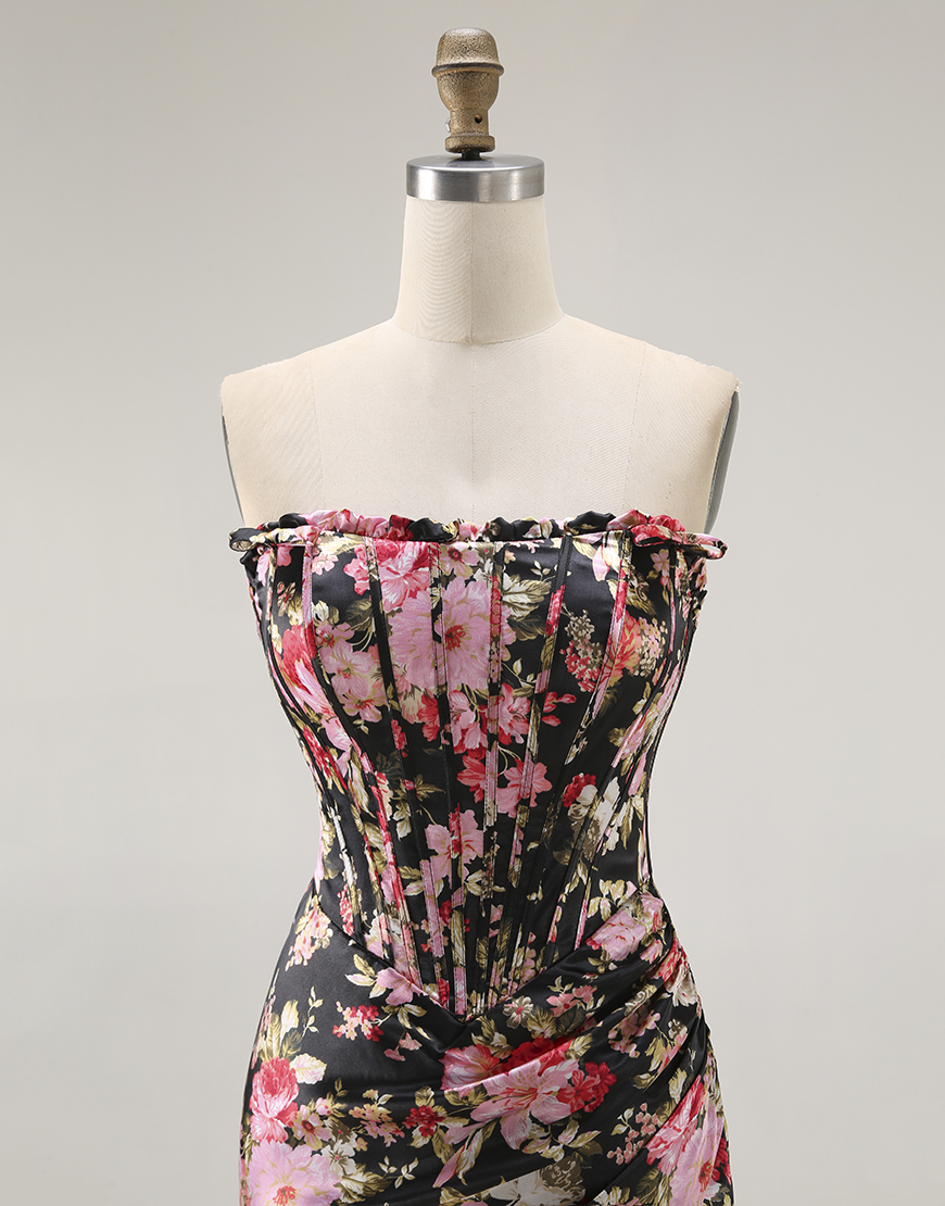 Black Pink Flower Mermaid Long Corset Prom Dress with Slit