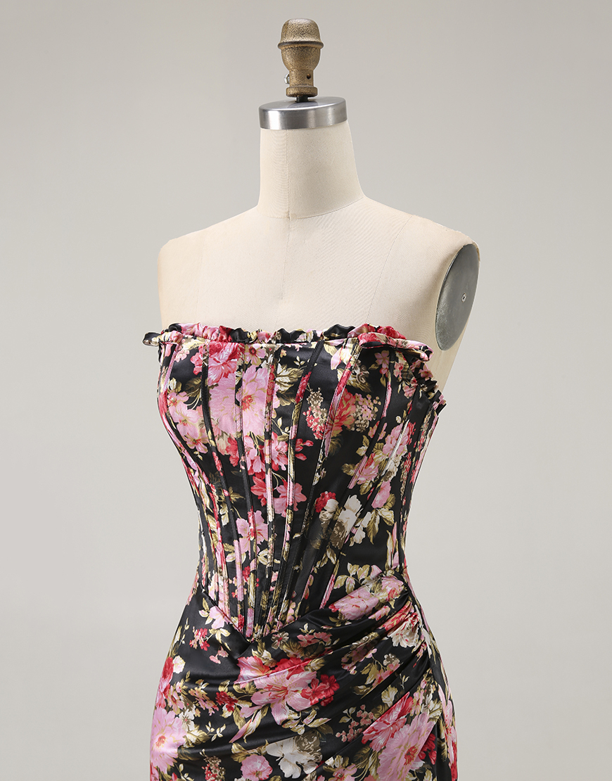 Black Pink Flower Mermaid Long Corset Prom Dress with Slit