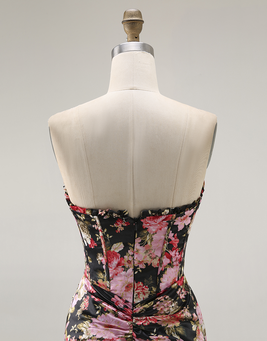 Black Pink Flower Mermaid Long Corset Prom Dress with Slit