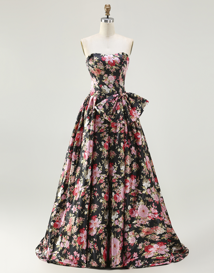 Black and Pink Floral A Line Long Corset Prom Dress with Bow
