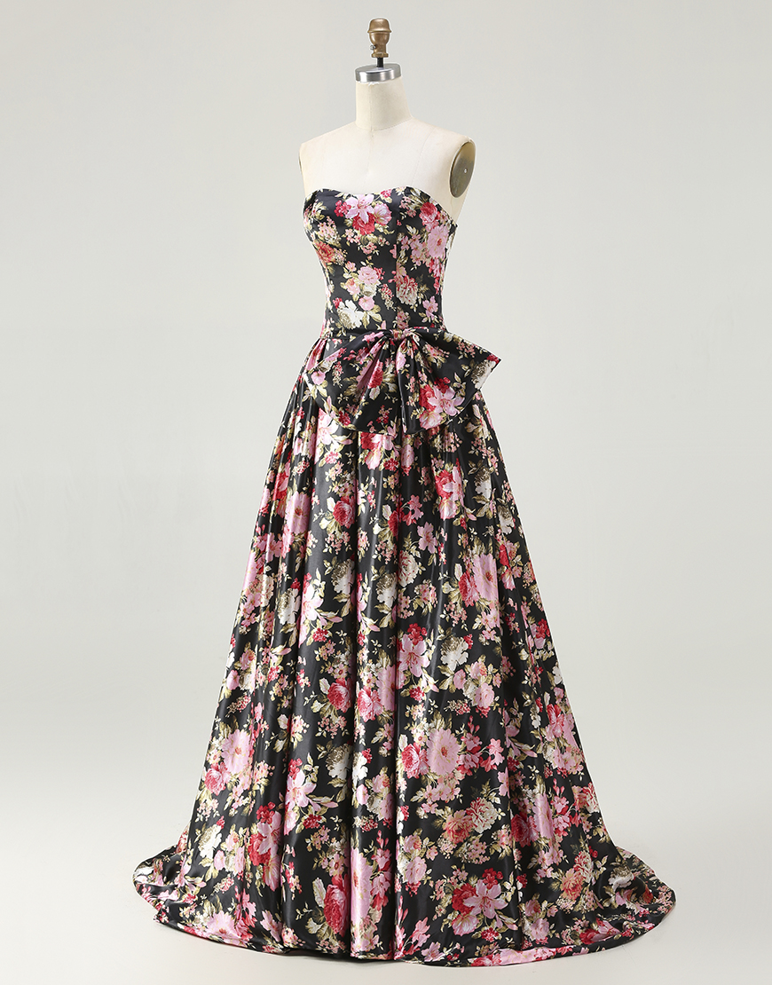 Black and Pink Floral A Line Long Corset Prom Dress with Bow