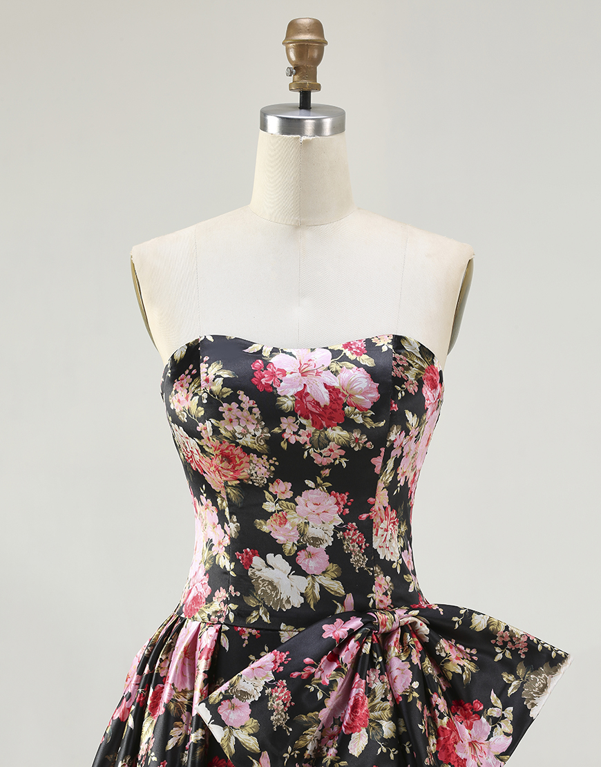 Black and Pink Floral A Line Long Corset Prom Dress with Bow