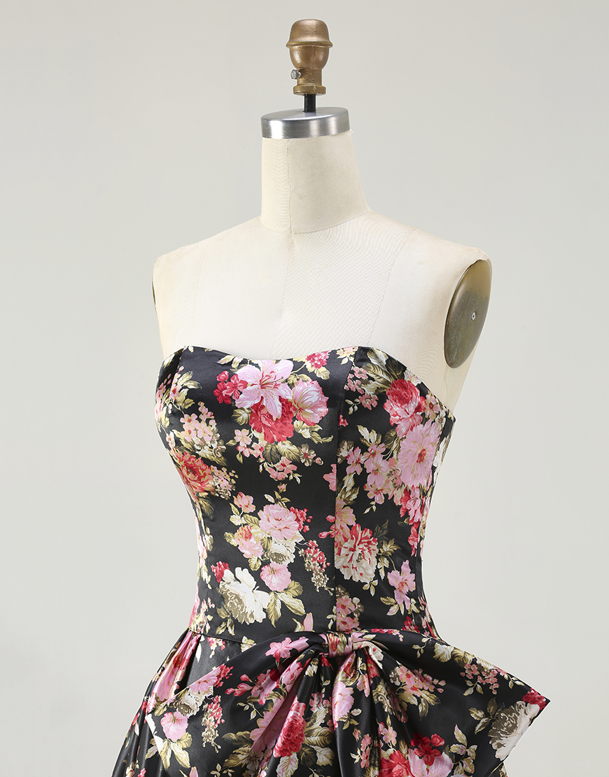 Black and Pink Floral A Line Long Corset Prom Dress with Bow