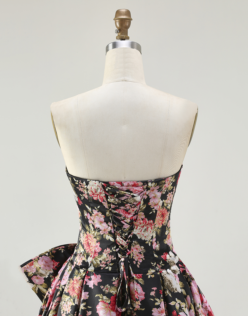 Black and Pink Floral A Line Long Corset Prom Dress with Bow