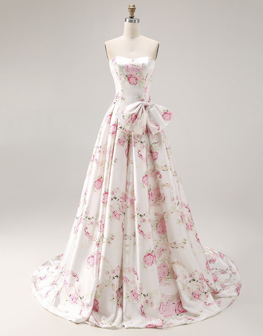 White and Pink Floral A Line Long Corset Prom Dress with Bow
