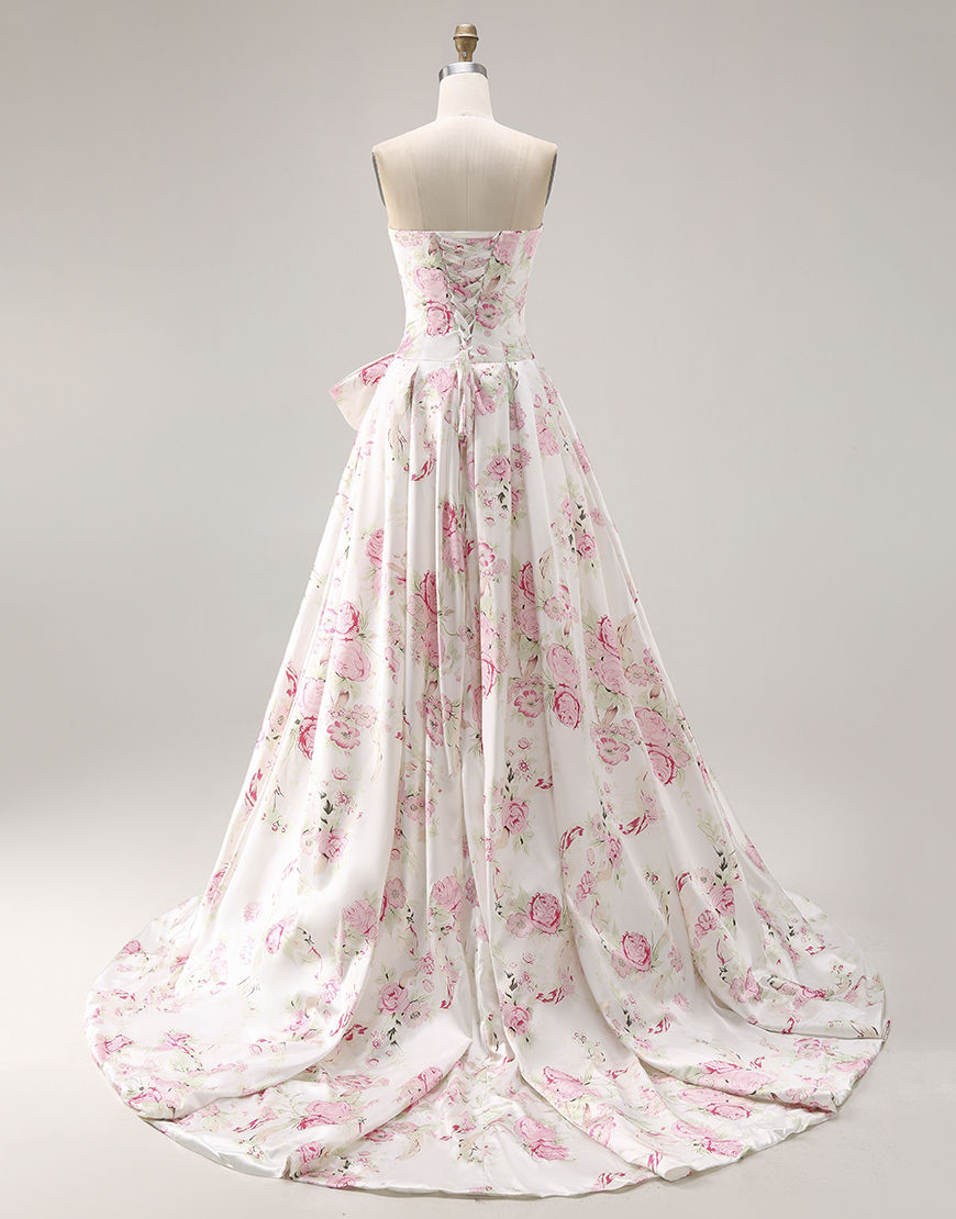White and Pink Floral A Line Long Corset Prom Dress with Bow