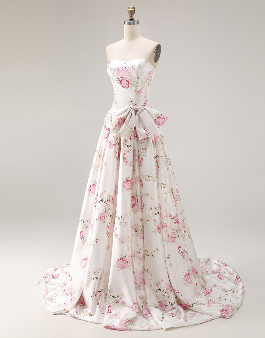 White and Pink Floral A Line Long Corset Prom Dress with Bow
