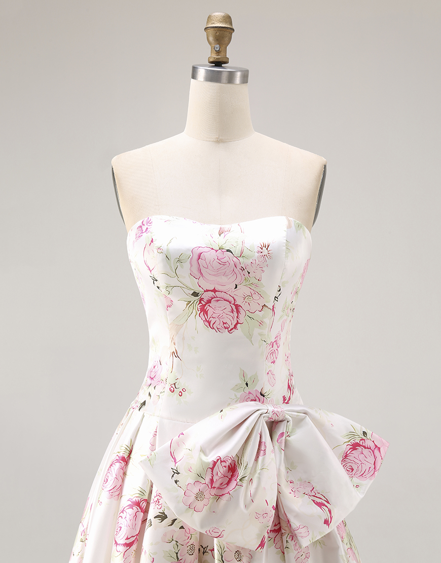 White and Pink Floral A Line Long Corset Prom Dress with Bow