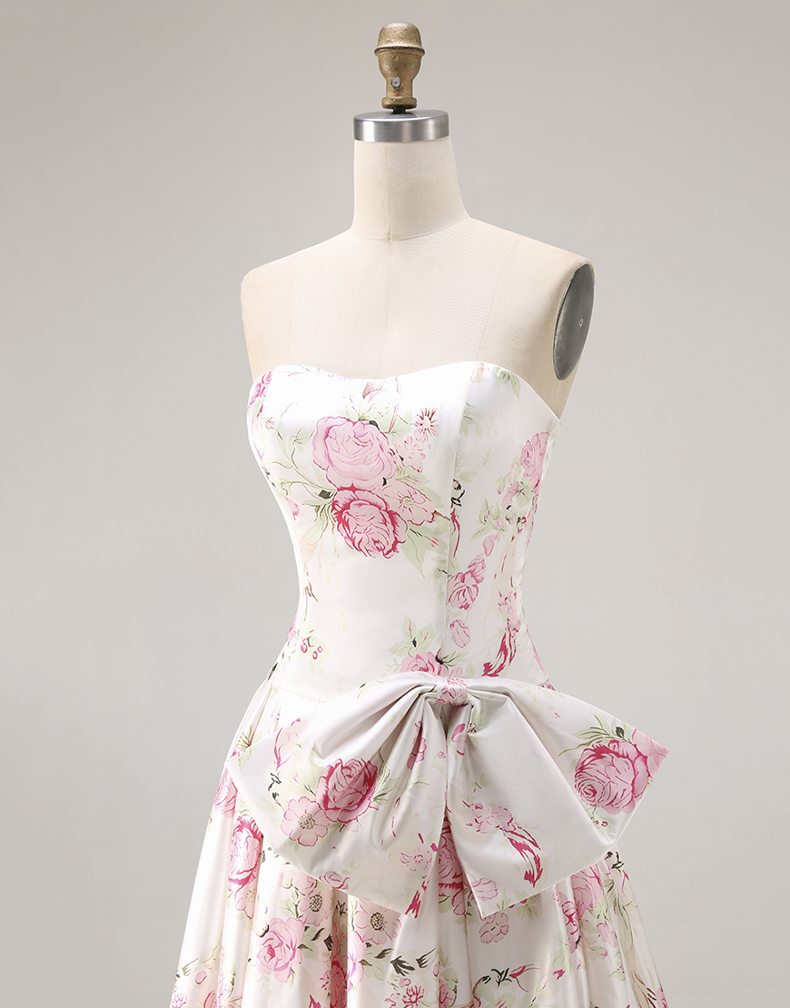 White and Pink Floral A Line Long Corset Prom Dress with Bow
