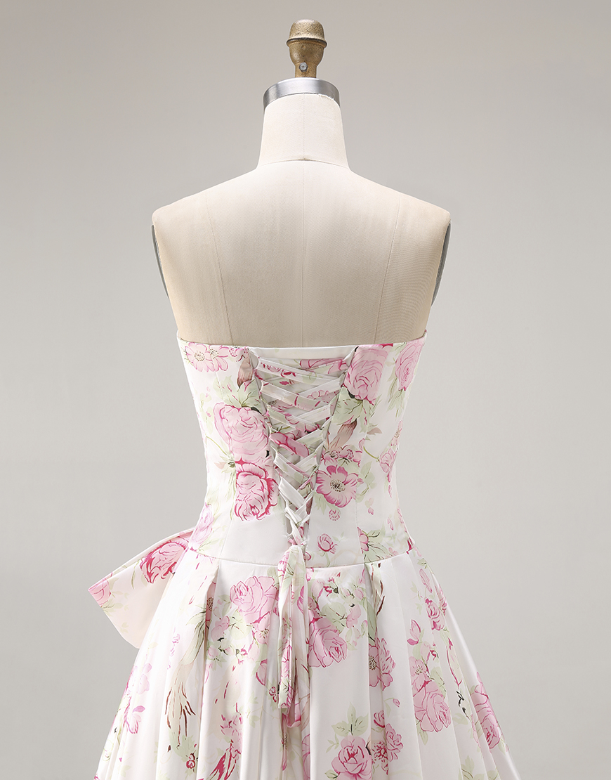 White and Pink Floral A Line Long Corset Prom Dress with Bow