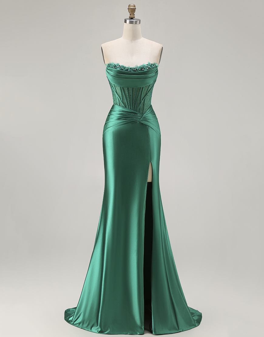 Dark Green Corset Satin Mermaid Strapless Long Prom Dress with Slit