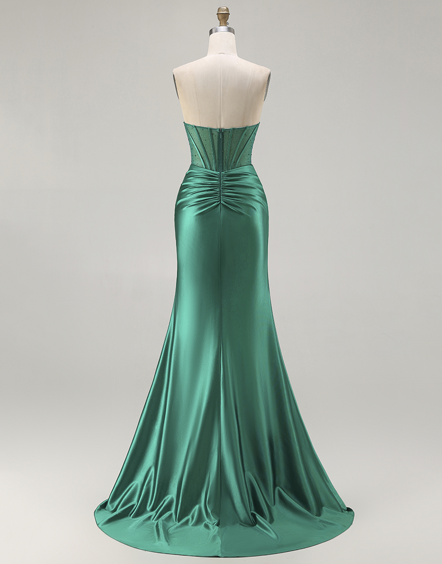 Dark Green Corset Satin Mermaid Strapless Long Prom Dress with Slit