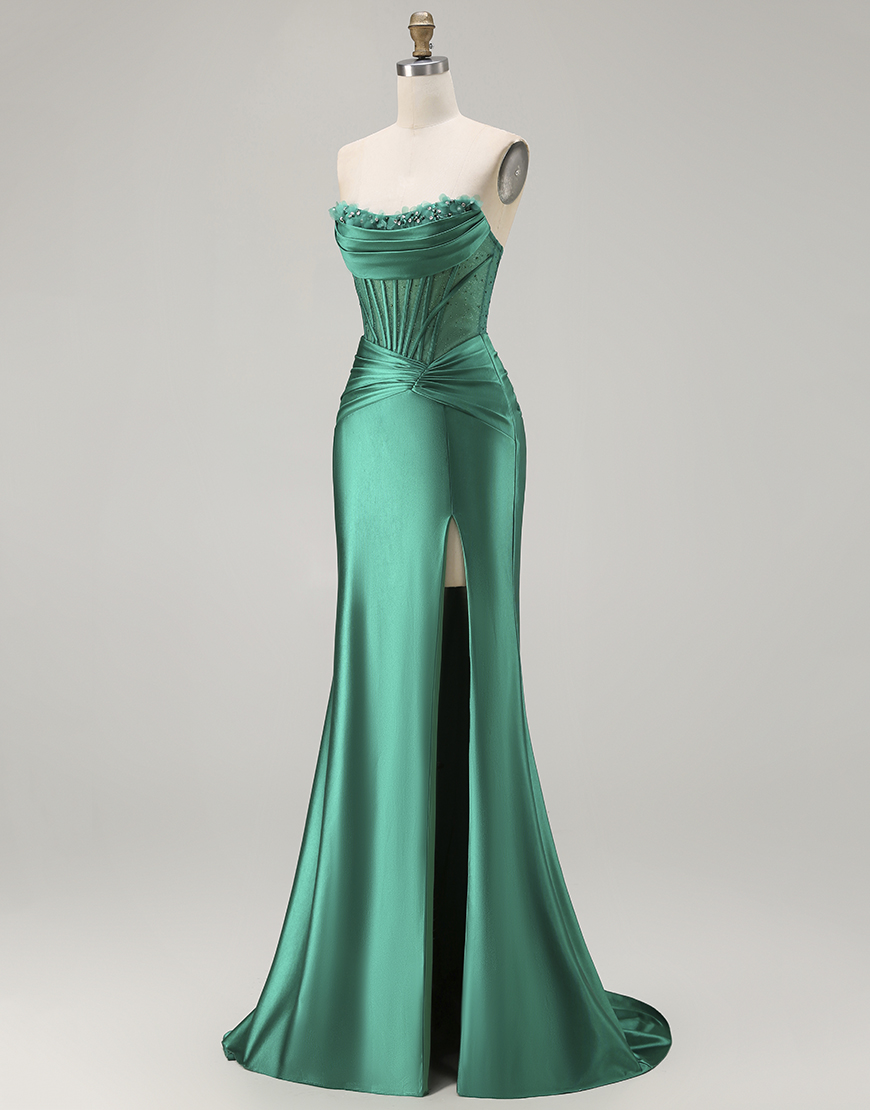 Dark Green Corset Satin Mermaid Strapless Long Prom Dress with Slit