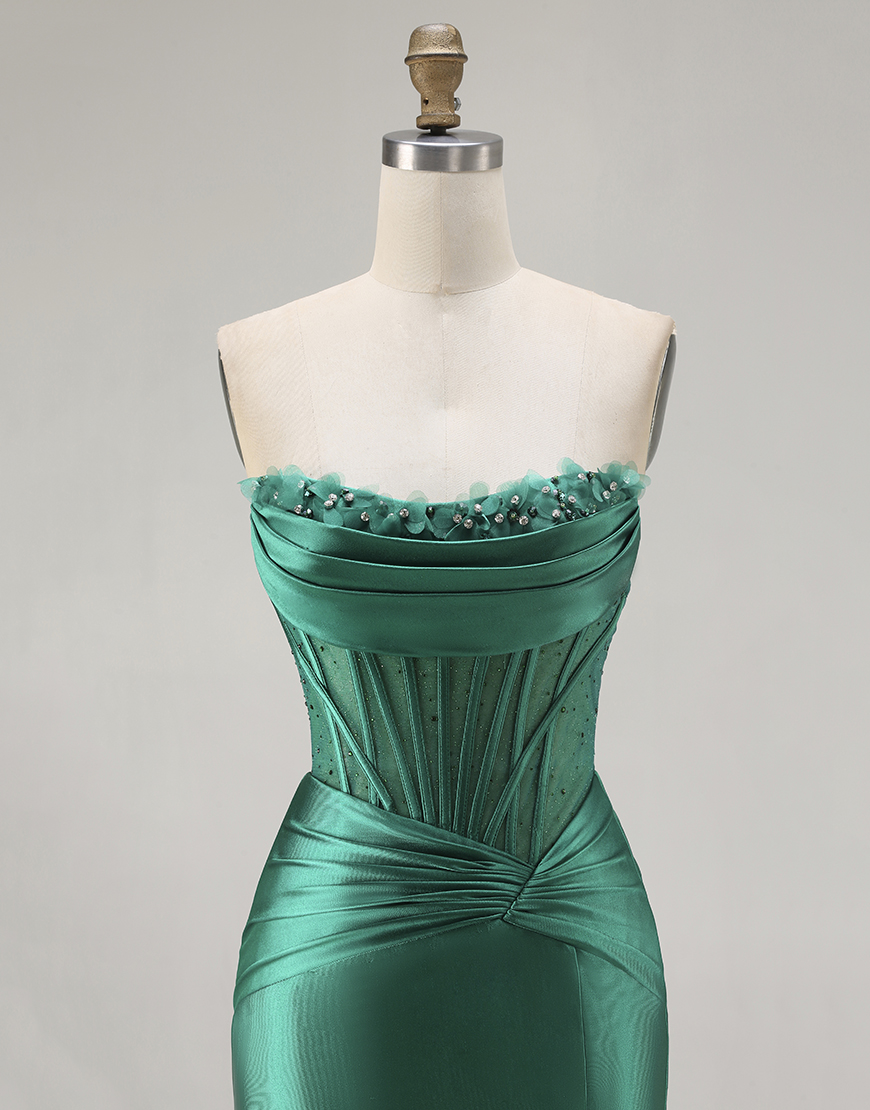 Dark Green Corset Satin Mermaid Strapless Long Prom Dress with Slit