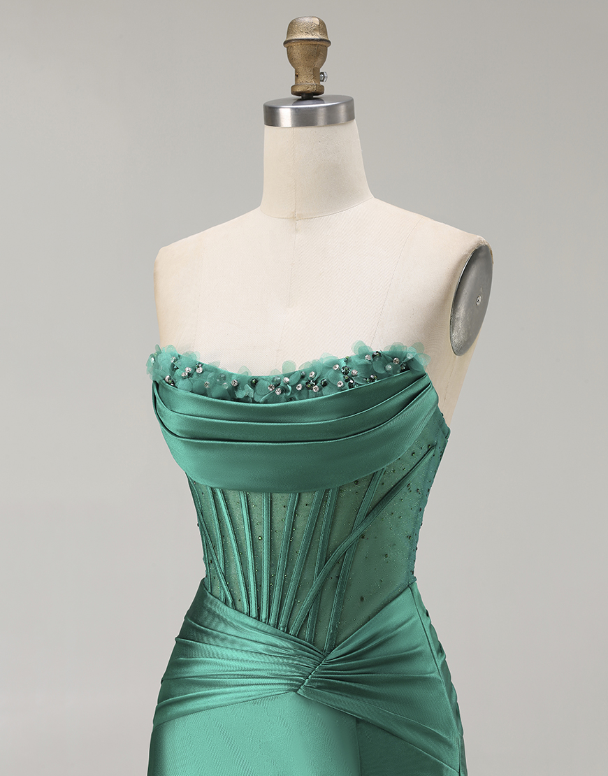 Dark Green Corset Satin Mermaid Strapless Long Prom Dress with Slit