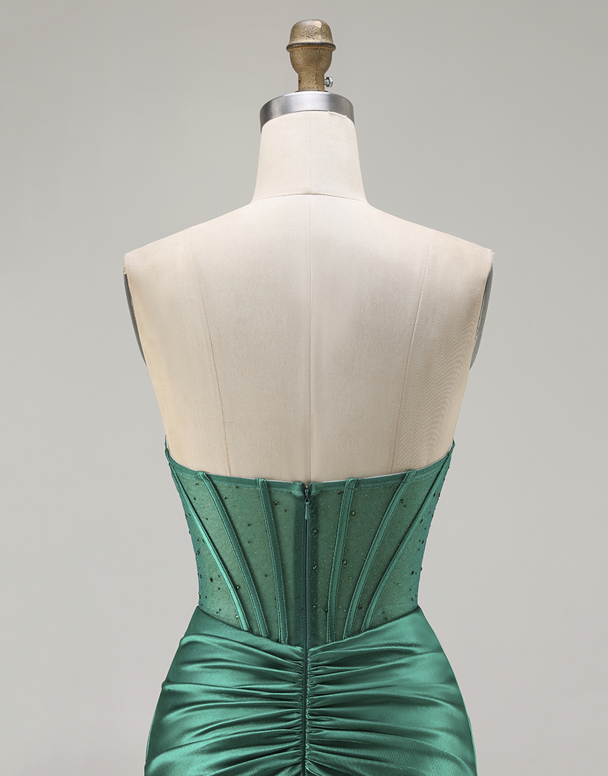 Dark Green Corset Satin Mermaid Strapless Long Prom Dress with Slit