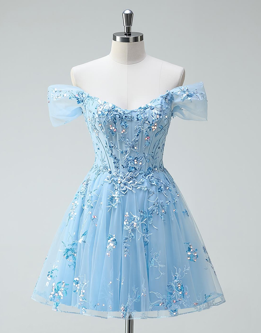 Sky Blue Tulle Floral Off the Shoulder Short Corset Homecoming Dress