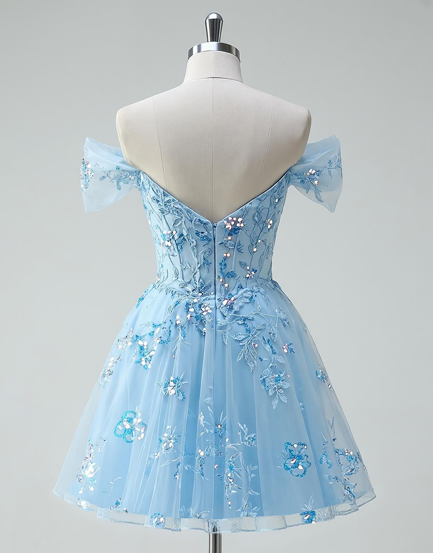 Sky Blue Tulle Floral Off the Shoulder Short Corset Homecoming Dress
