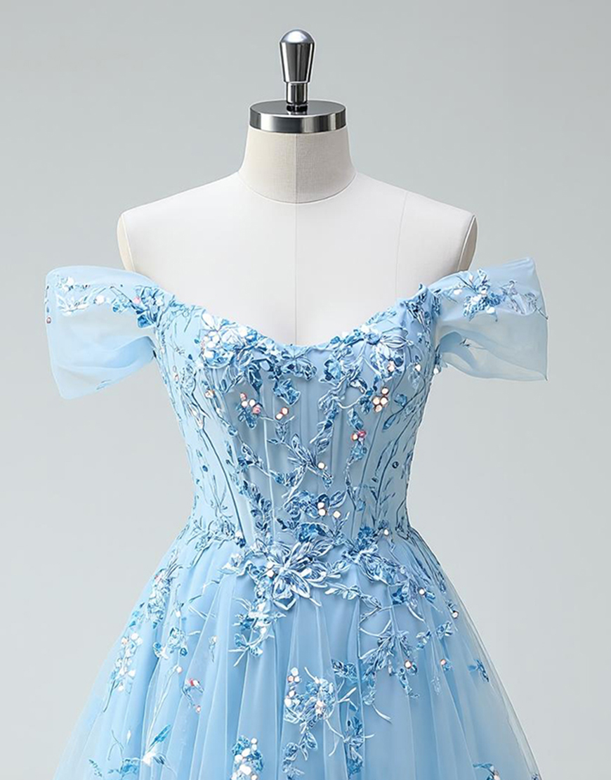 Sky Blue Tulle Floral Off the Shoulder Short Corset Homecoming Dress