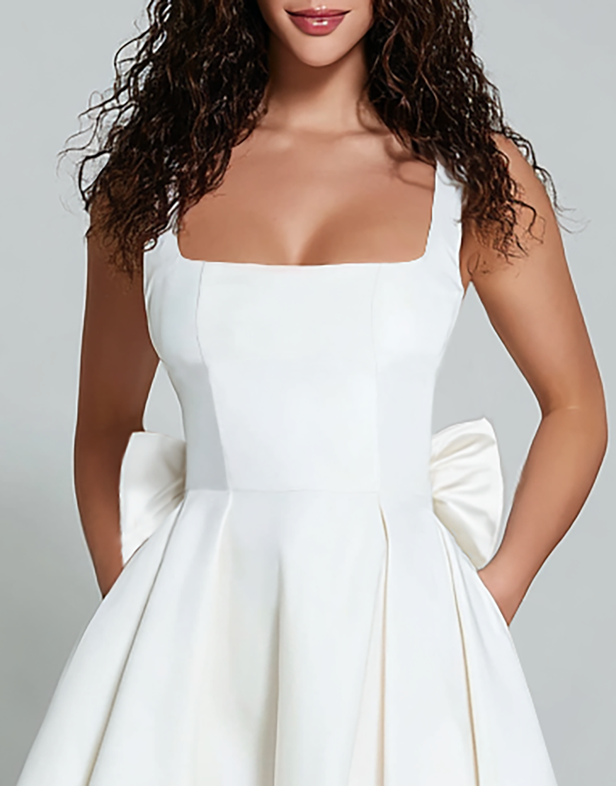 White A Line Square Neck Short Homecoming Dress with Bow
