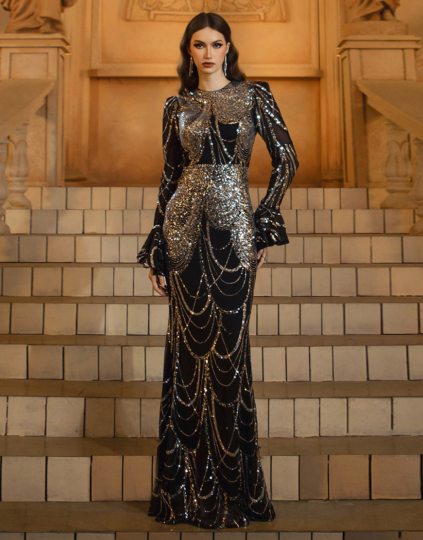 Sparkly Black Golden Sequins Mermaid Long Sleeves Prom Dress