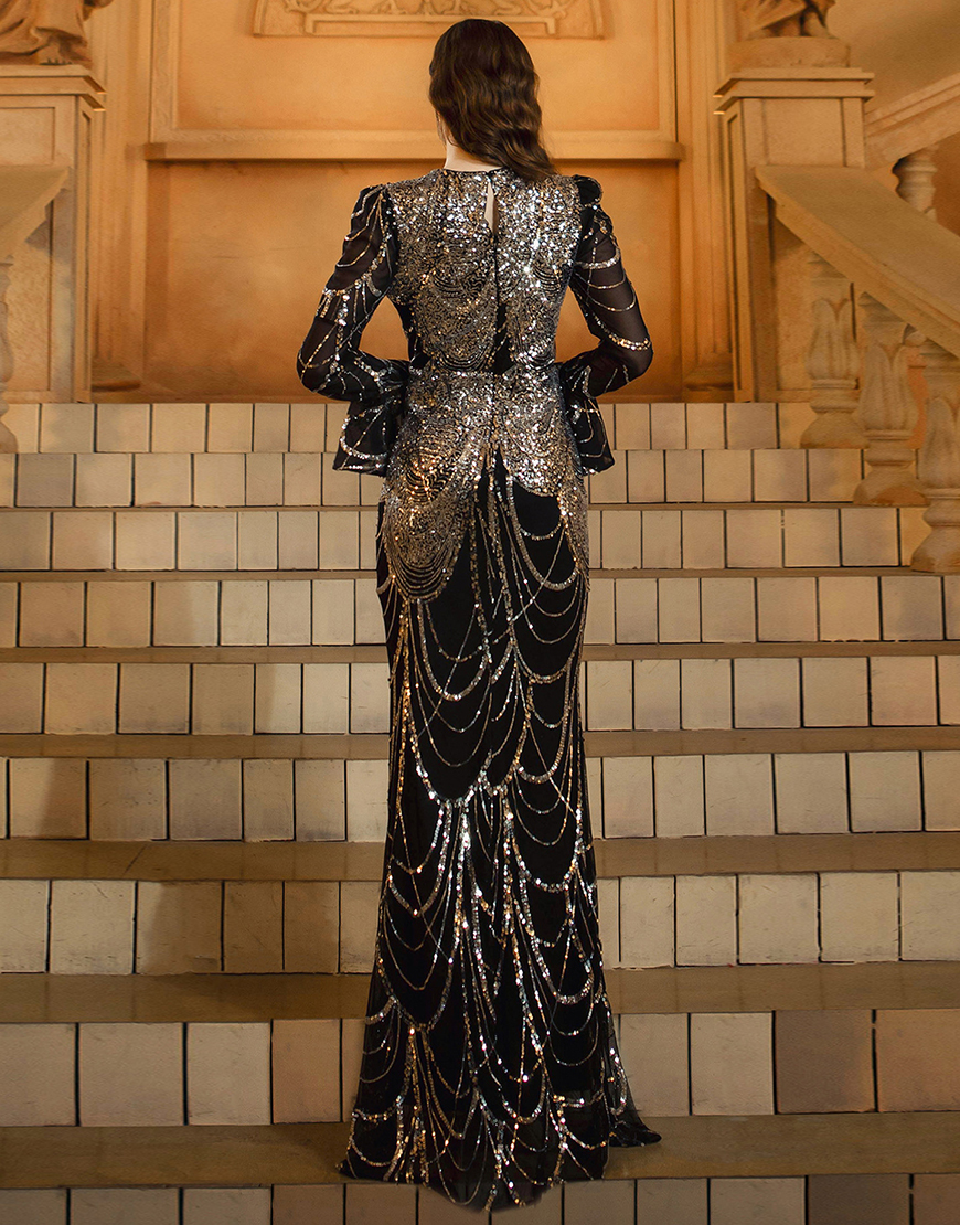 Sparkly Black Golden Sequins Mermaid Long Sleeves Prom Dress