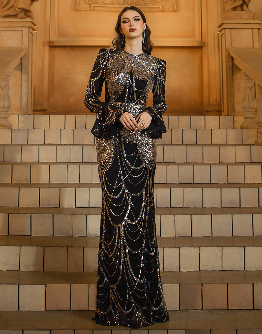 Sparkly Black Golden Sequins Mermaid Long Sleeves Prom Dress