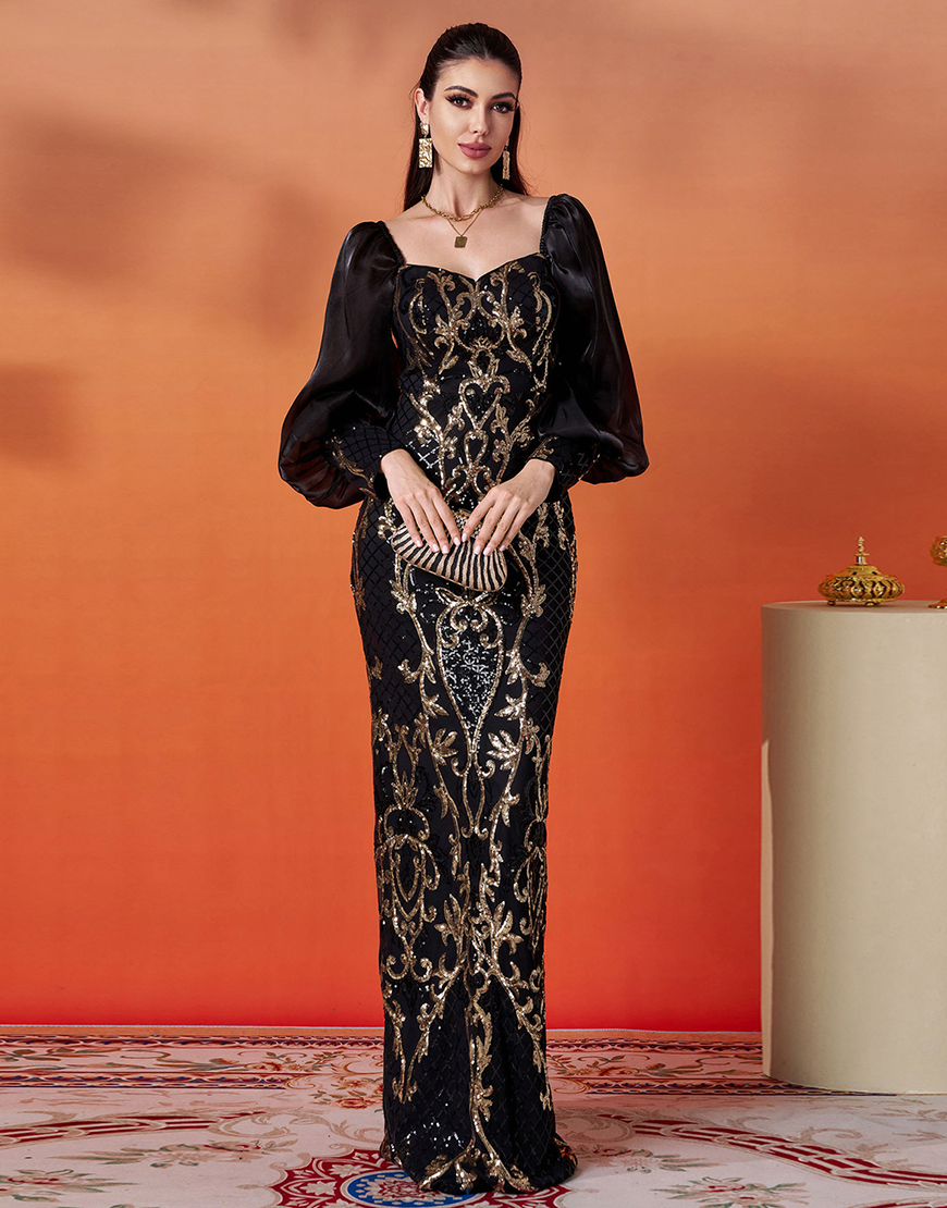 Sparkly Black Golden Sheath Puff Sleeves Long Prom Dress with Sequins