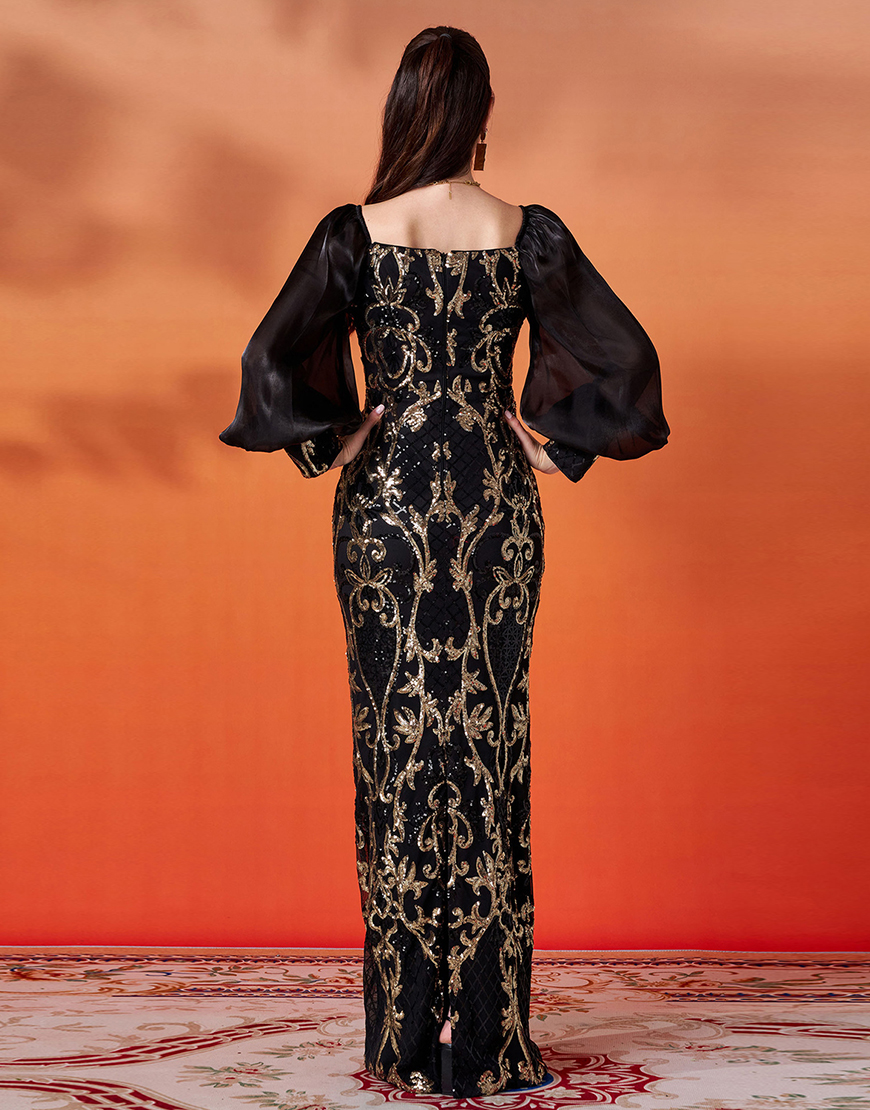 Sparkly Black Golden Sheath Puff Sleeves Long Prom Dress with Sequins