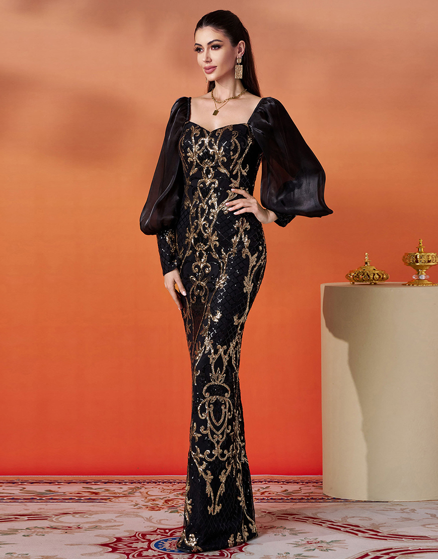 Sparkly Black Golden Sheath Puff Sleeves Long Prom Dress with Sequins