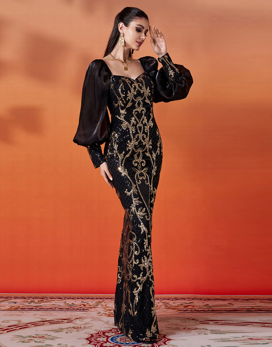 Sparkly Black Golden Sheath Puff Sleeves Long Prom Dress with Sequins