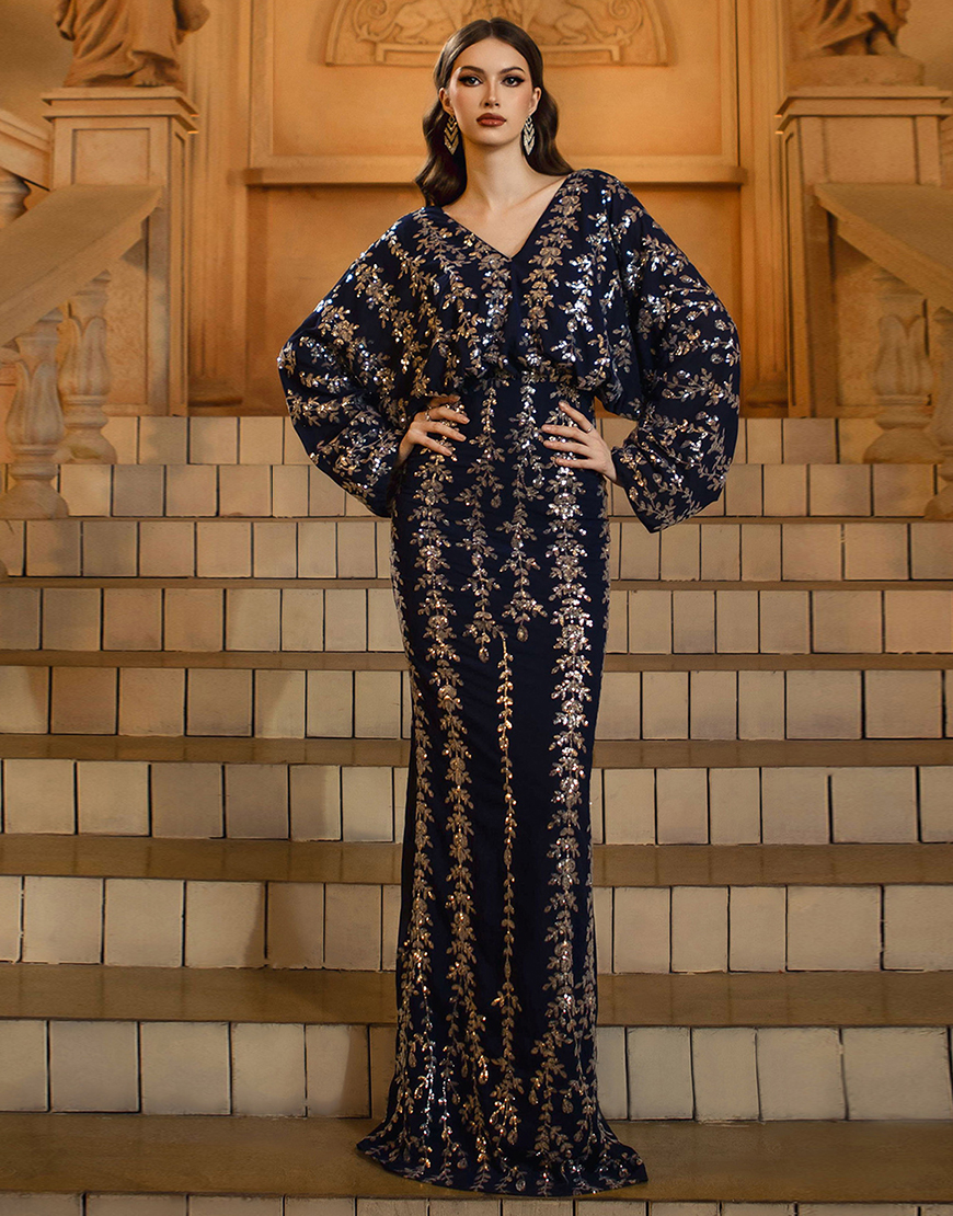 Sparkly Navy Sheath V-Neck Sequins Long Sleeves Prom Dress