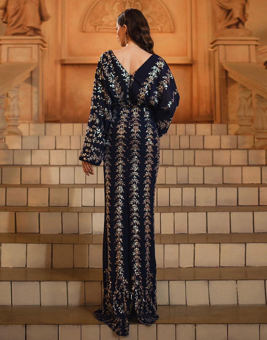 Sparkly Navy Sheath V-Neck Sequins Long Sleeves Prom Dress