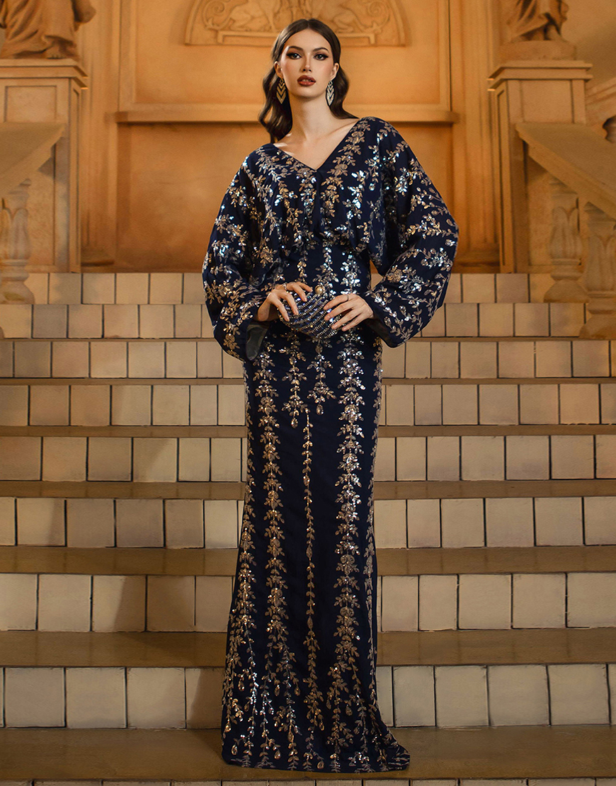 Sparkly Navy Sheath V-Neck Sequins Long Sleeves Prom Dress