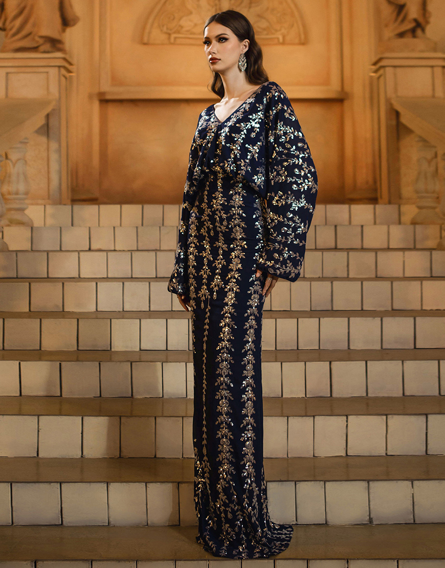 Sparkly Navy Sheath V-Neck Sequins Long Sleeves Prom Dress