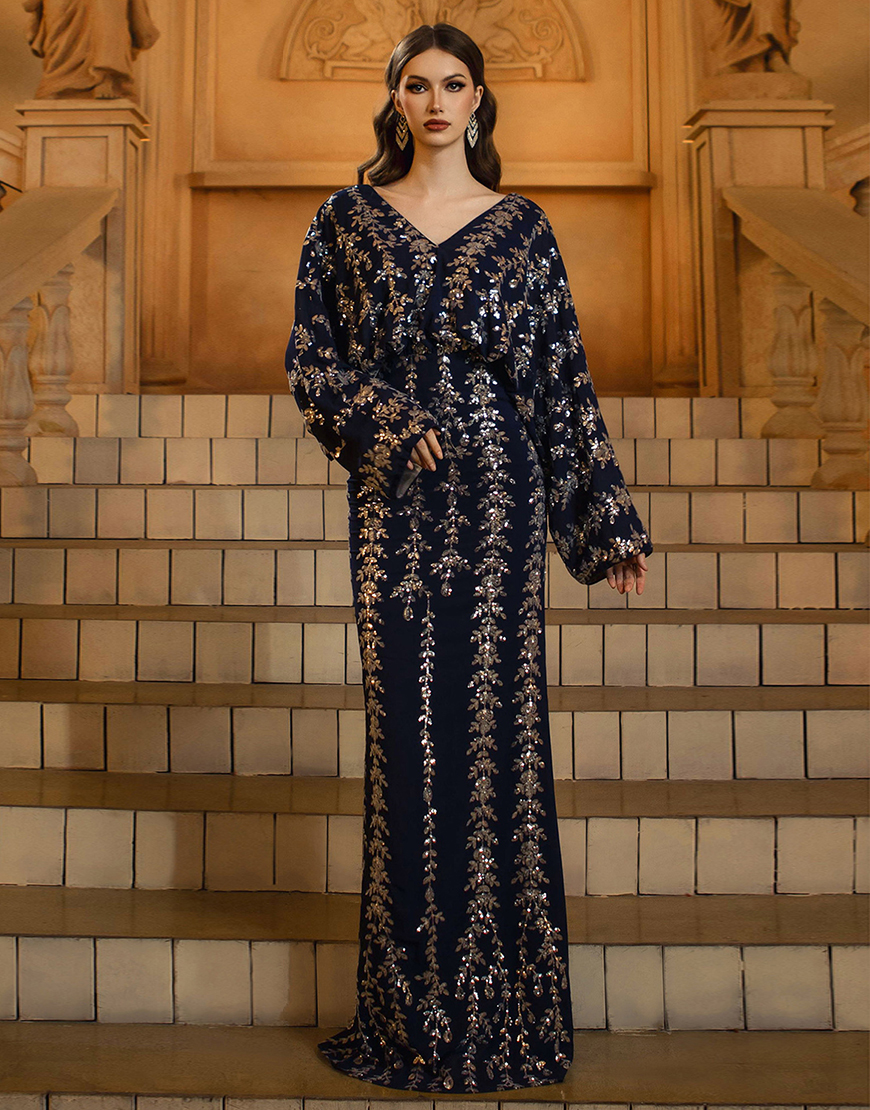 Sparkly Navy Sheath V-Neck Sequins Long Sleeves Prom Dress