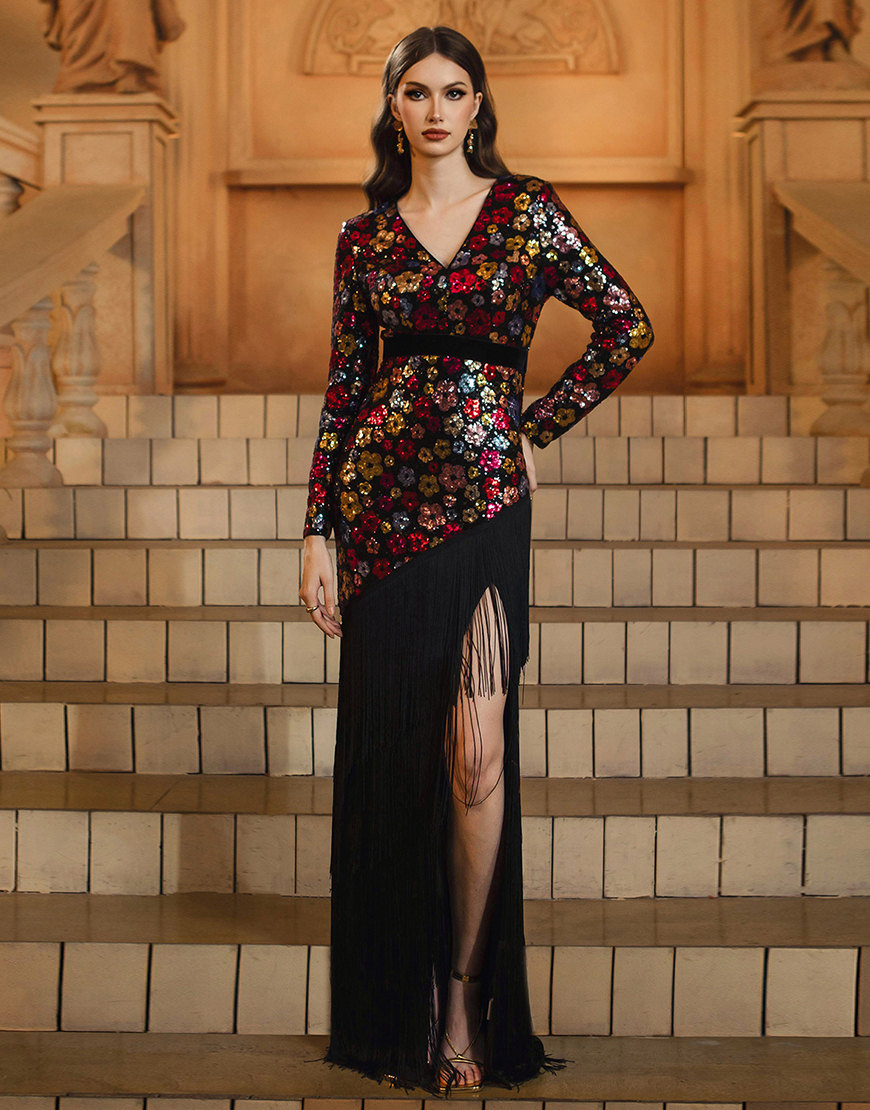 Sparkly Floral Black Sheath V-Neck Long Sleeves Prom Dress with Fringes