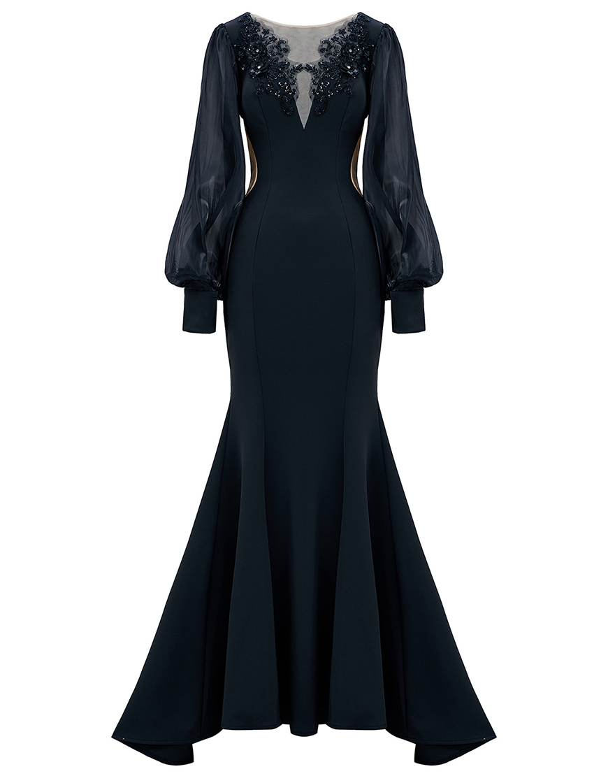 Black Mermaid Illusion Boat Neck Long Sleeves Prom Dress with Appliques