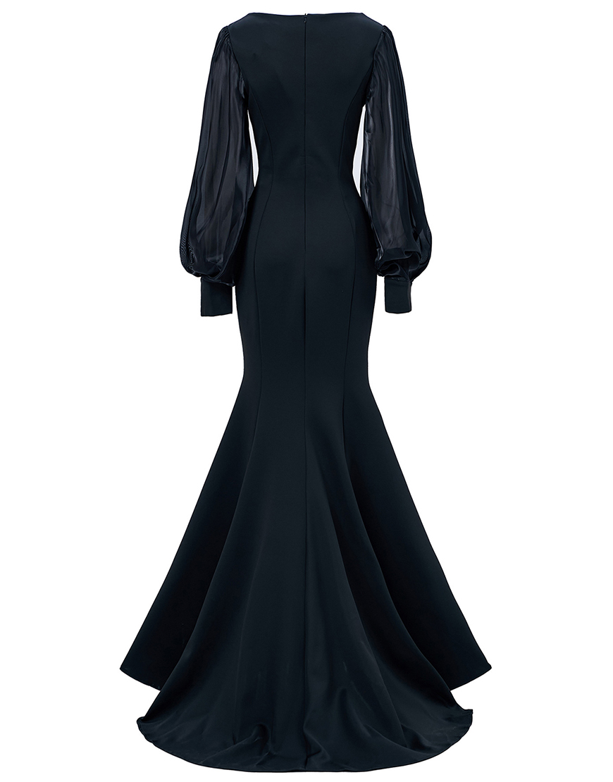 Black Mermaid Illusion Boat Neck Long Sleeves Prom Dress with Appliques